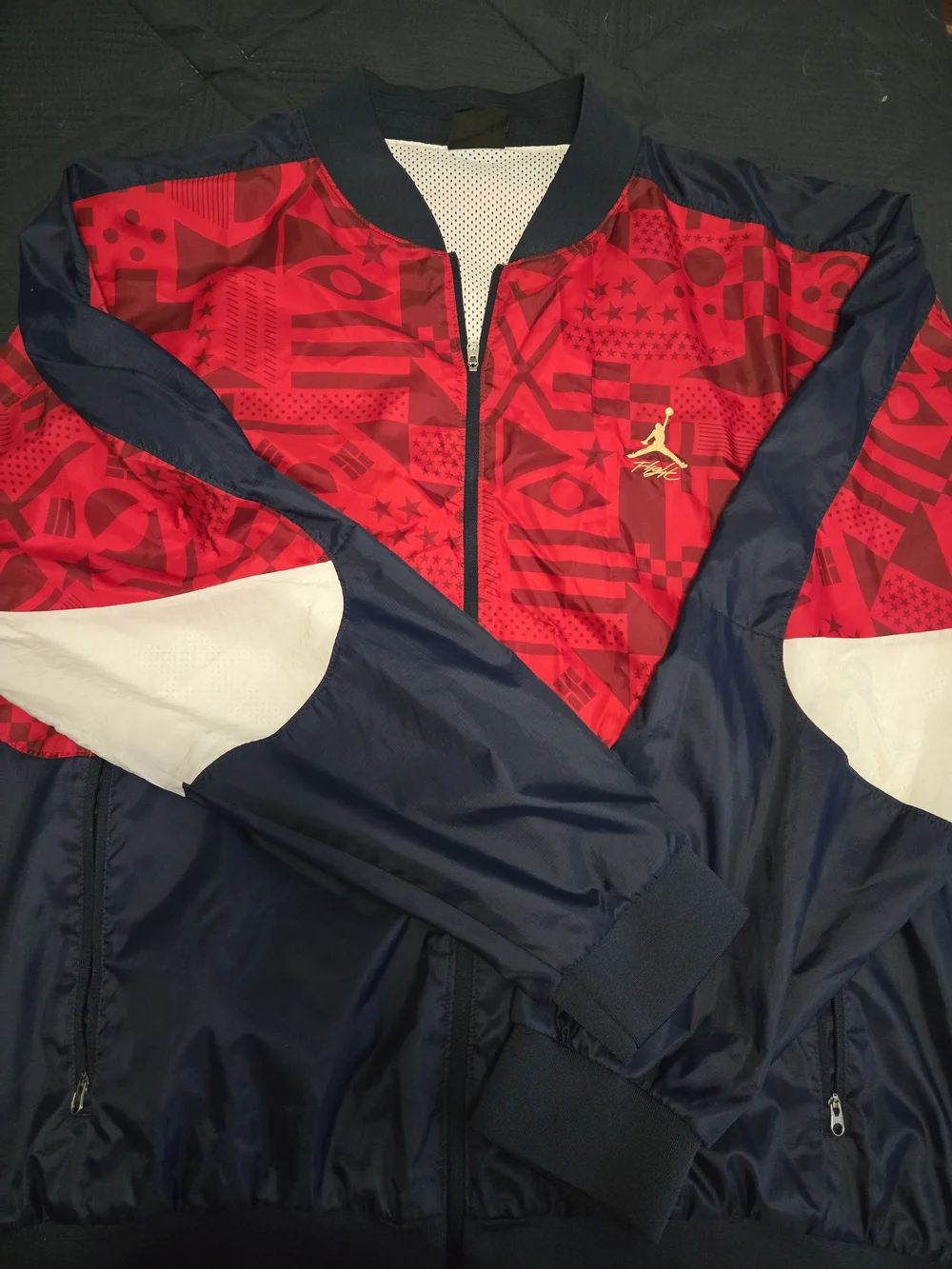 Jordan Flight Red & Navy Flag-Pattern Bomber Jacket with White Accents #471